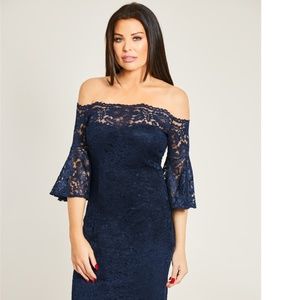 Ilana Navy Off The Shoulder Lace Flare Sleeves Mid